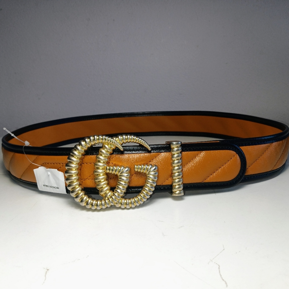 NEW GUCCI GG WIDE BELT GOLD-TONE TORCHON BUCKLE COGNAC/BLACK LEATHER SZ 36/90 - Picture 2 of 16